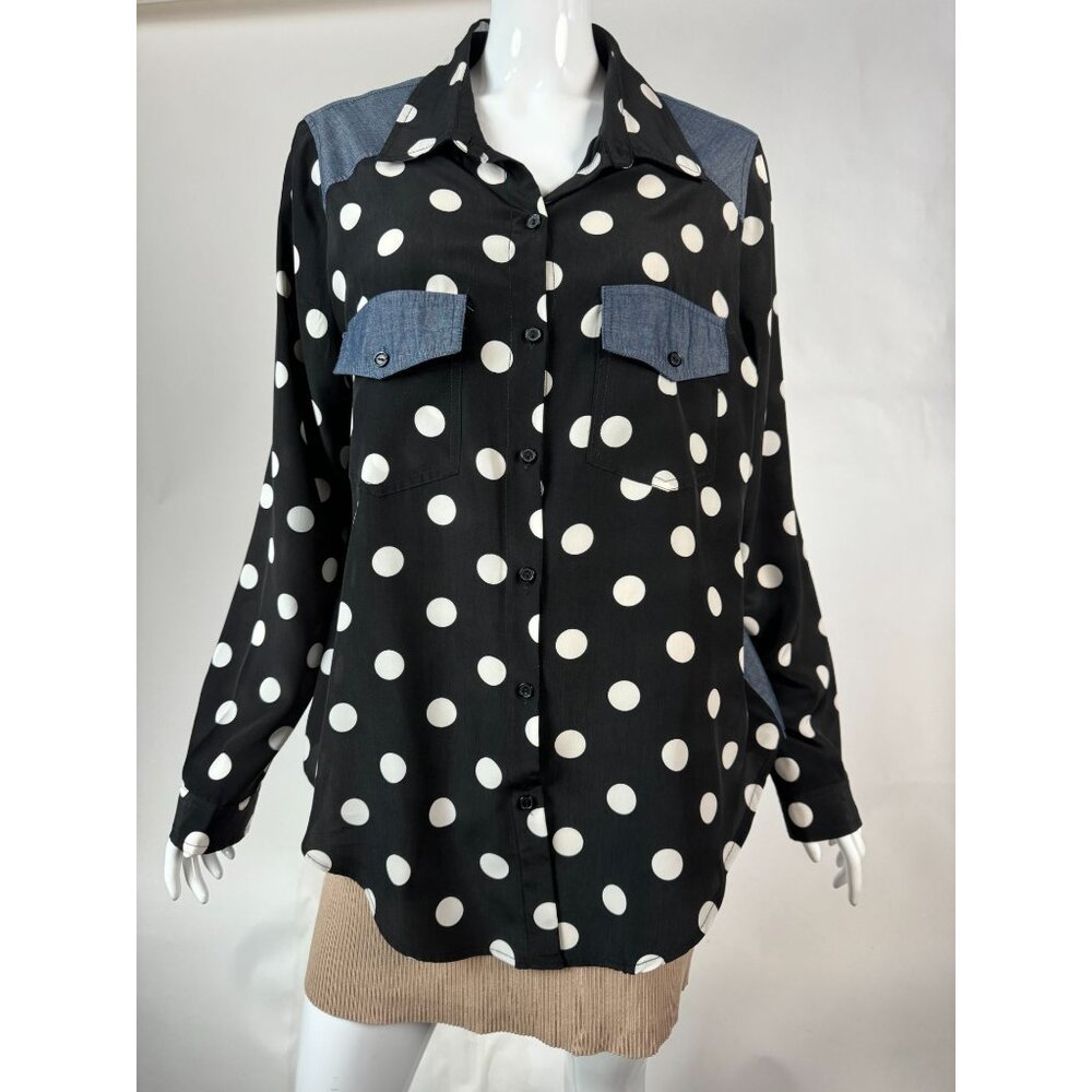 Forever 21 Womens Large Polka Dot & Denim Long Sleeve Button-Up Shirt